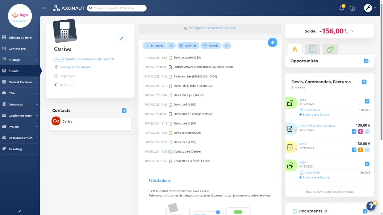 Fiche client CRM Axonaut avec historique devis, factures et opportunités