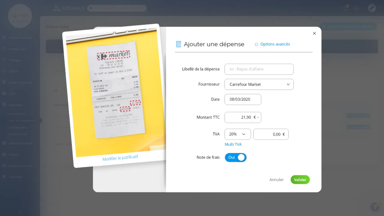 Numérisation OCR d'un justificatif de dépense dans Axonaut