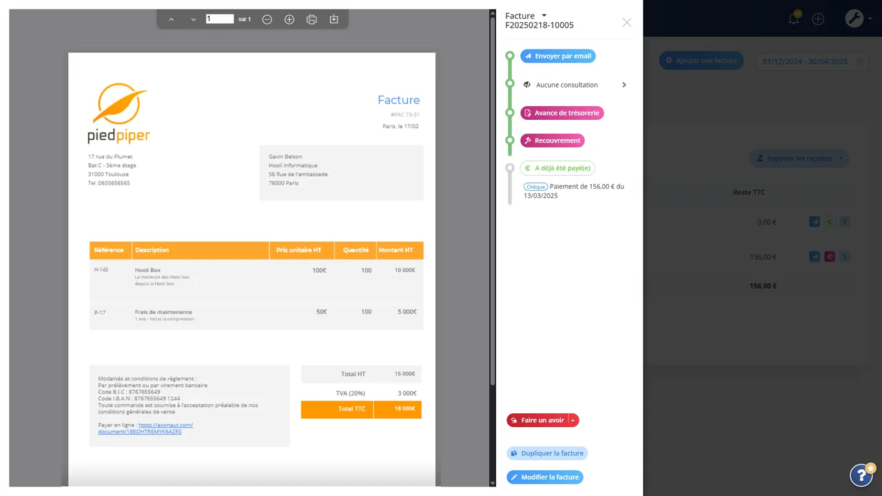 Création et suivi de facture dans Axonaut avec paiement en ligne