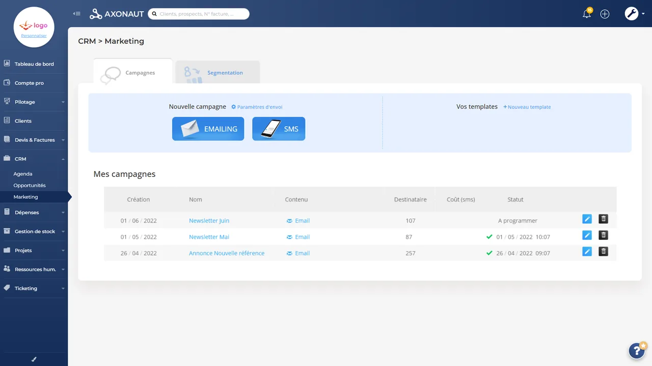 Module marketing du CRM Axonaut : campagnes emailing et SMS avec segmentation