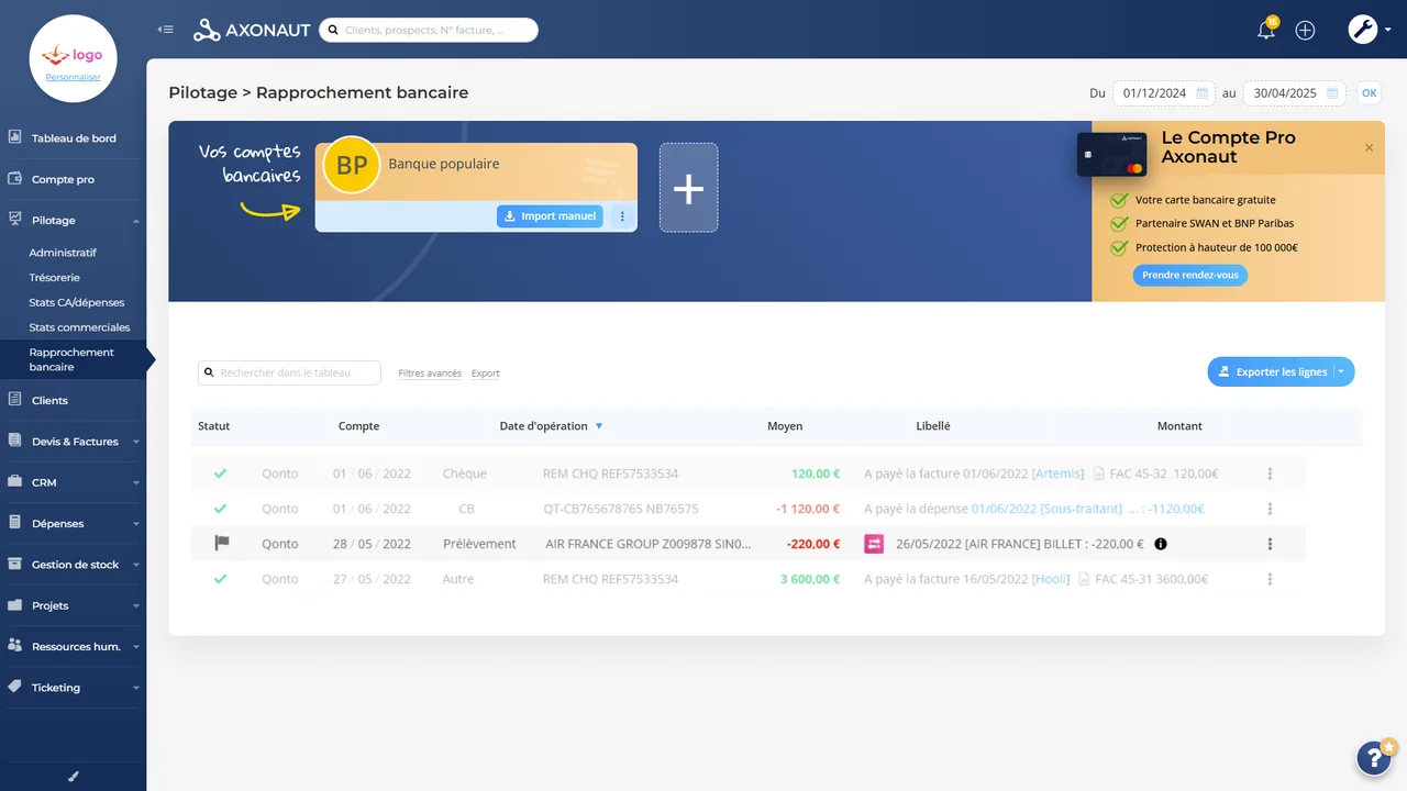 Rapprochement bancaire automatique dans Axonaut