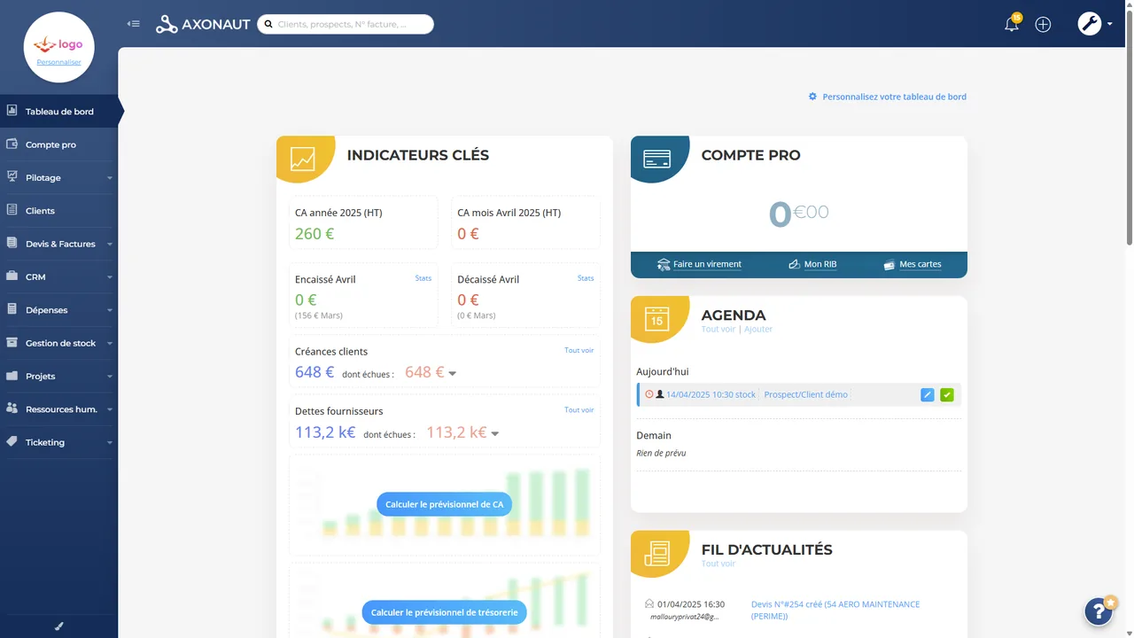 Tableau de bord Axonaut : indicateurs clés, CA, encaissements et agenda